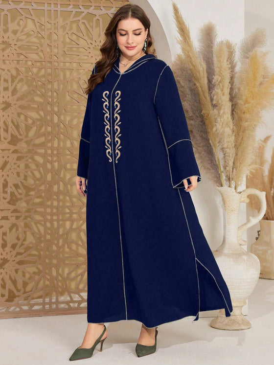 Najma plus Size Long Sleeve Hooded Dress with Embroidered Pattern