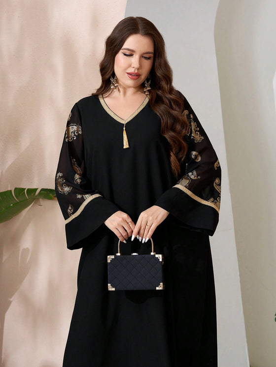 Najma Women'S plus Size Arabic Clothing with Fringe Pendant Decorated Sleeve Hem