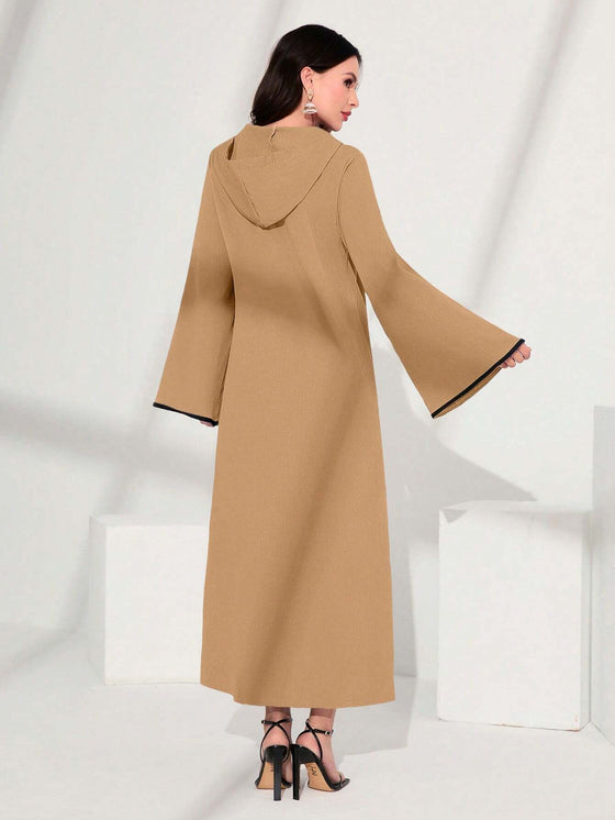 Najma Contrast Piping Trumpet Sleeve Hooded Dress