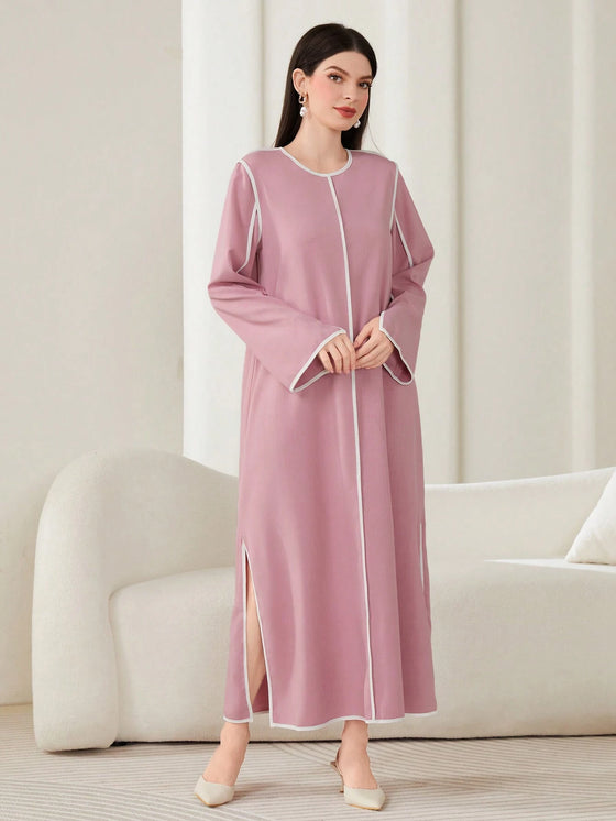 Mulvari Women'S round Neck Long Sleeve Dress, Modest Inner Slip Abaya Dress