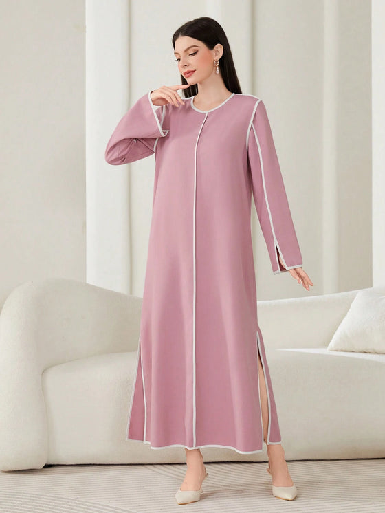 Mulvari Women'S round Neck Long Sleeve Dress, Modest Inner Slip Abaya Dress