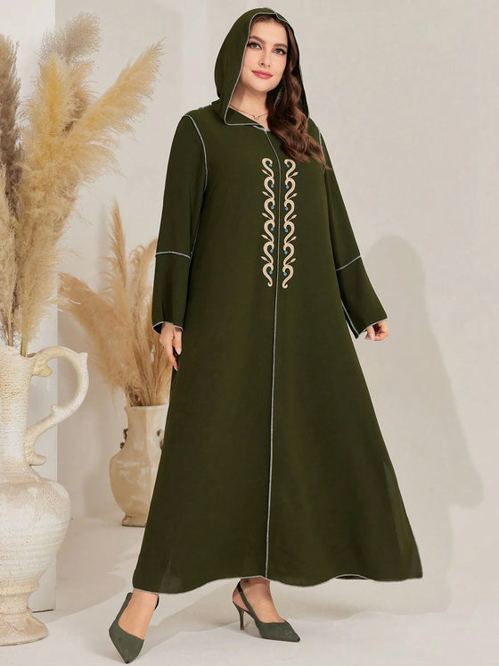 Najma plus Size Long Sleeve Hooded Dress with Embroidered Pattern