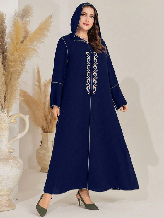 Najma plus Size Long Sleeve Hooded Dress with Embroidered Pattern