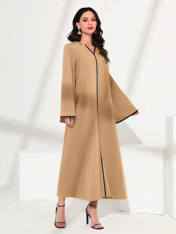 Najma Contrast Piping Trumpet Sleeve Hooded Dress