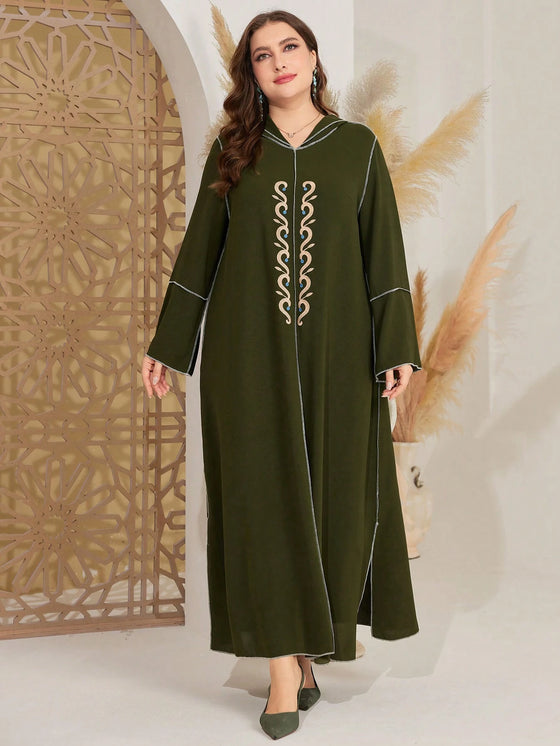 Najma plus Size Long Sleeve Hooded Dress with Embroidered Pattern